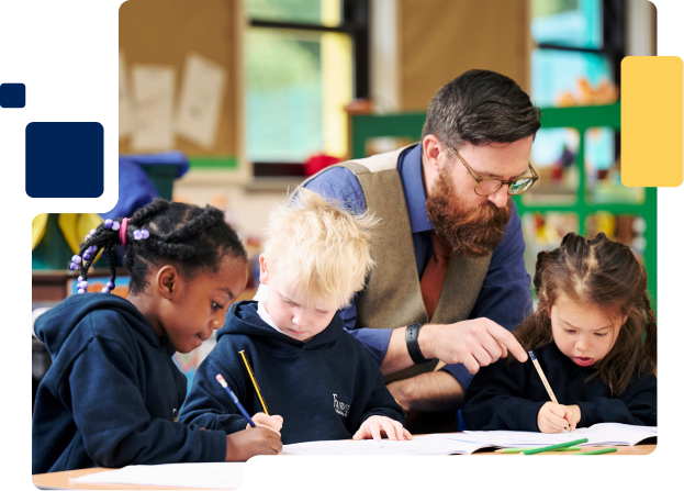 Teacher helping young students